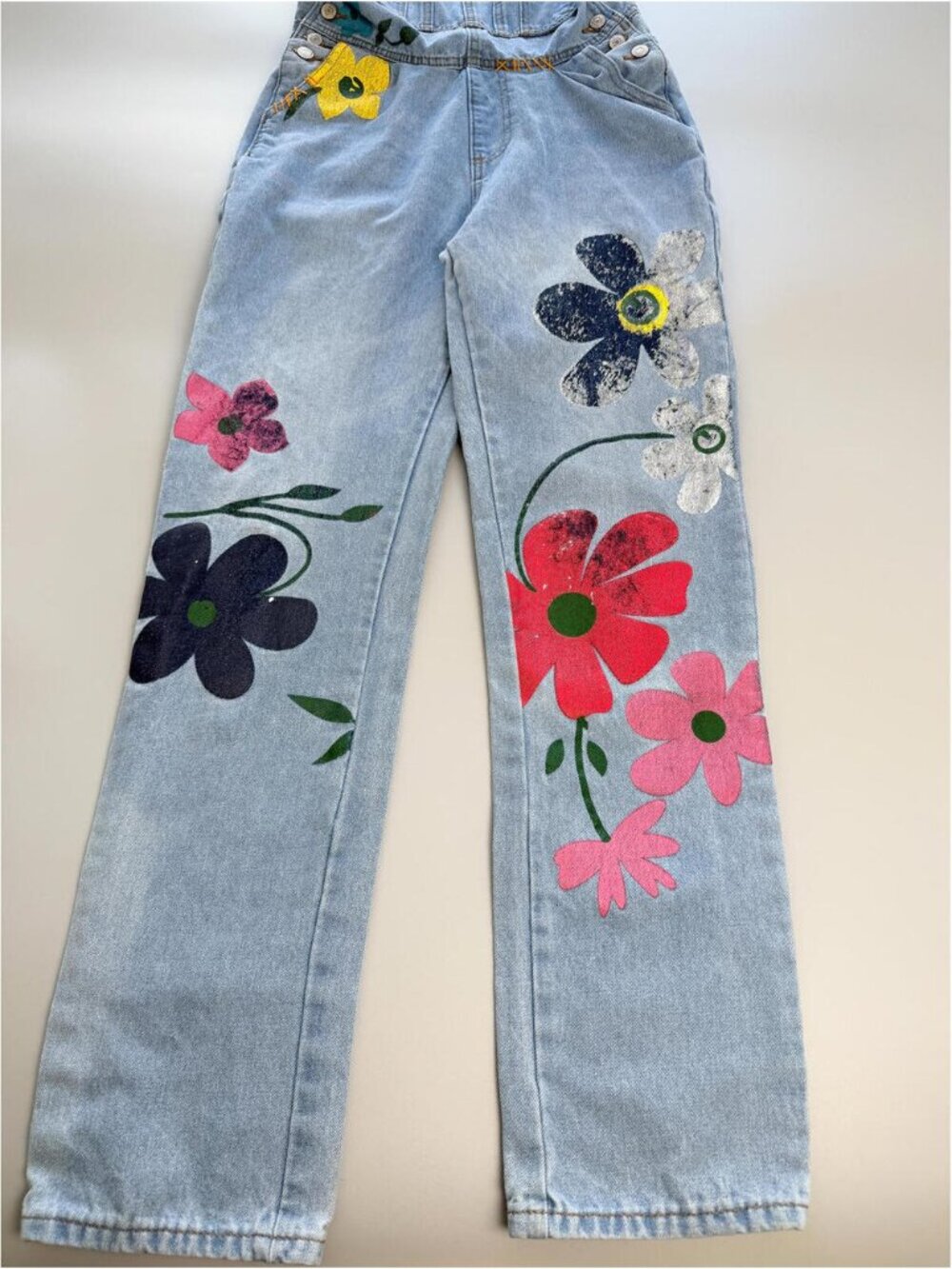 Floral Denim Overalls, Painted Denim Dungarees, Flower Overalls, Cottagecore S - Picture 2 of 9